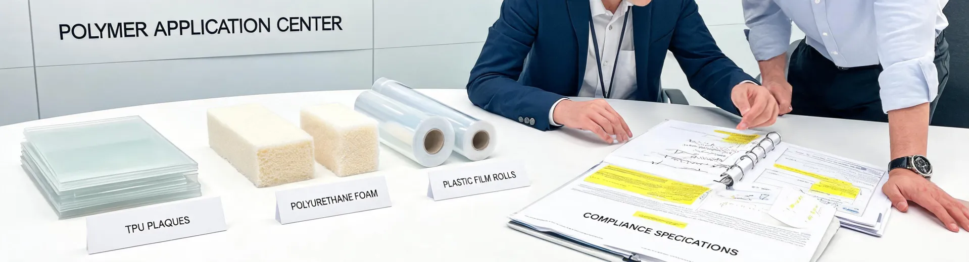 Engineer reviewing polymer samples